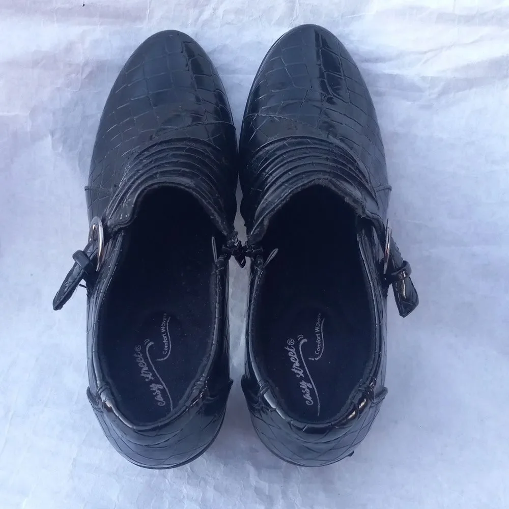 Easy Street Black Leather Side Zipper Slip On Low Heel Booties Size 6.5